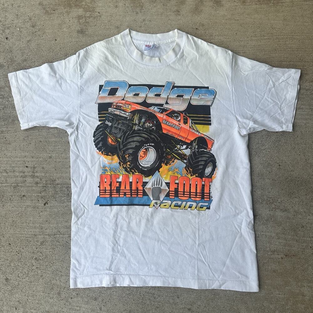 Vintage Dodge Bear Foot Racing T Shirt Size Large White Monster Truck